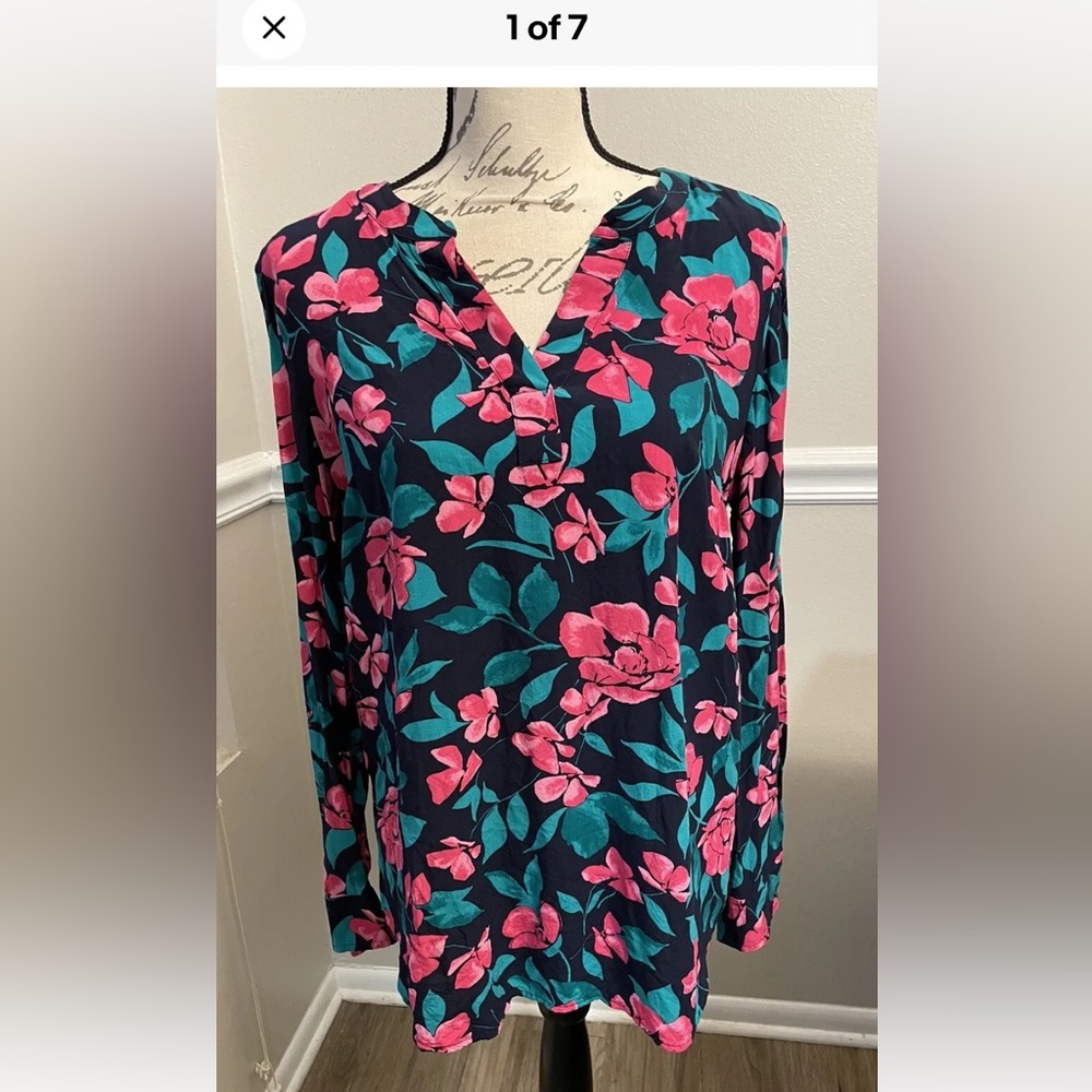 Talbots Blue Pink Rayon Floral V Neck Long Sleeve Blouse Size small